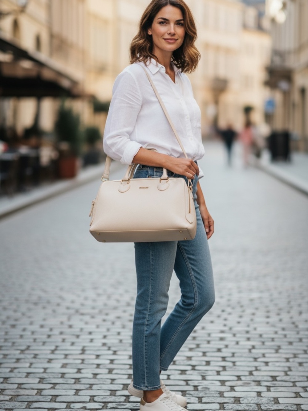 DANIER Beige Leather Satchel with Removable Strap
